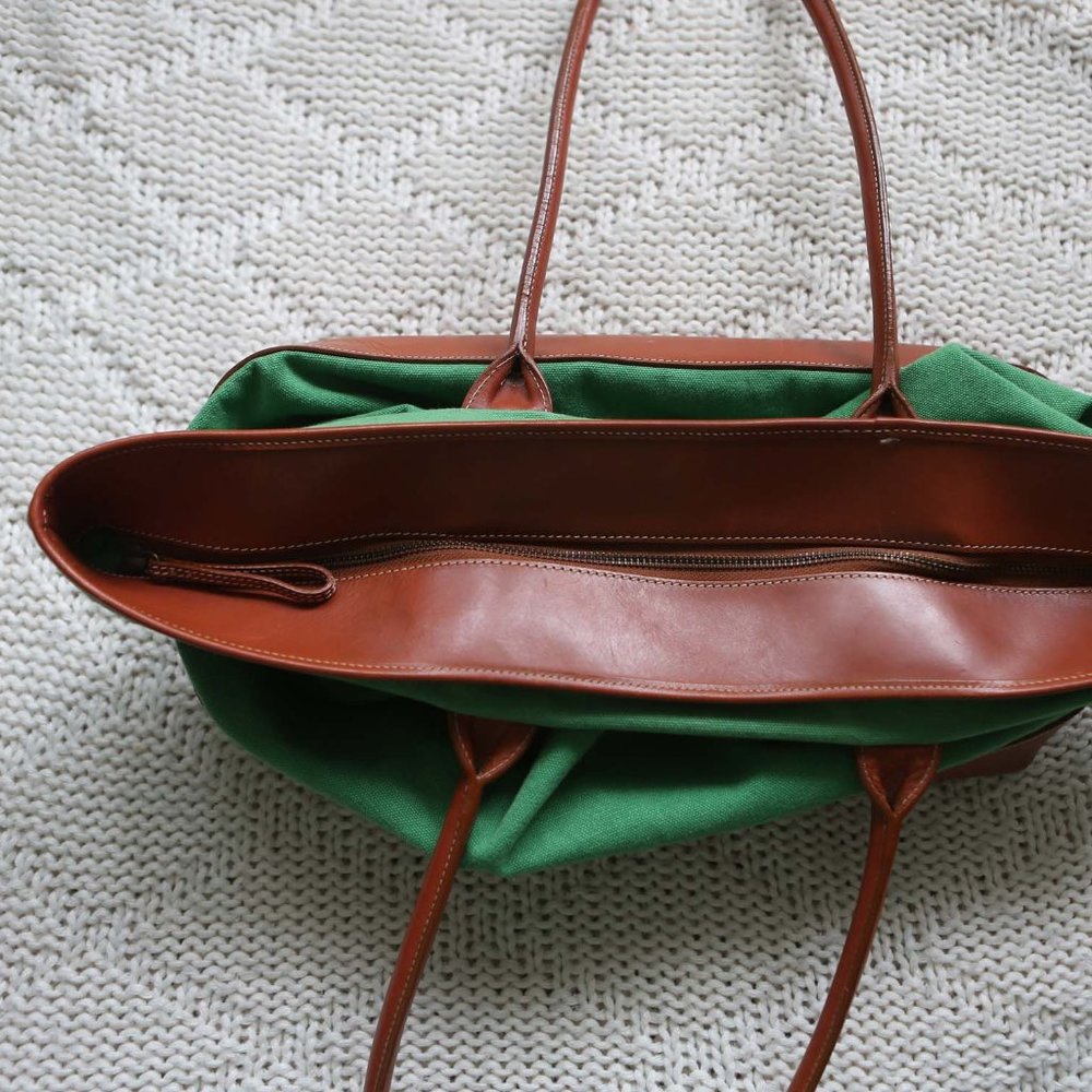 J. Crew Canvas LeatherTote Bag Green Brown EUC - Picture 9 of 11